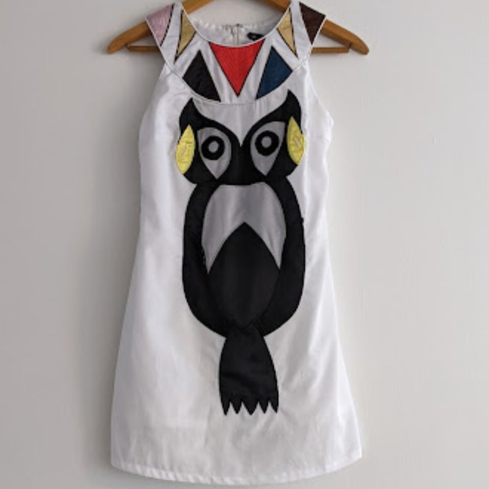 People's Market White Dress with Large Owl Size S
